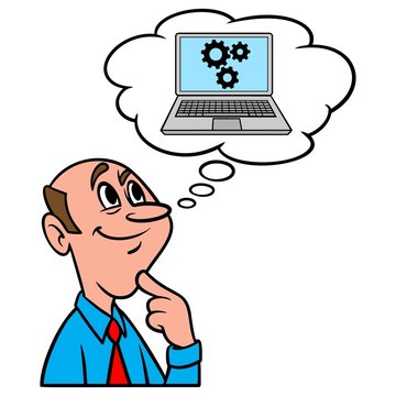 Thinking about Computers - A cartoon illustration of a man thinking about Computers.