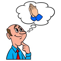 Thinking about Praying - A cartoon illustration of a man thinking about praying.