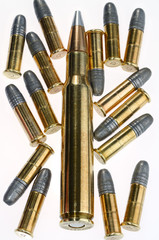Winchester 30 06 Springfield cartridge and 22 calibre lead rifle bullets