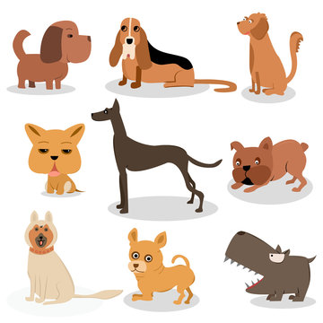 Cartoon puppy and dog. Happy puppies with smiling muzzle, loyal dogs and friendly dog. Husky, corgi and pug doggy pedigree expression character isolated vector icons set
