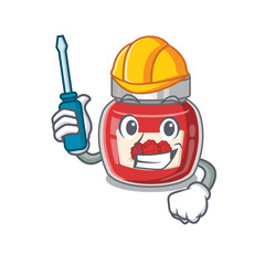 cartoon character style raspberry jam working as an automotive