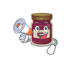 A mascot of plum jam speaking on a megaphone