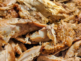 macro focus on shredded up cooked turkey meat
