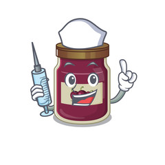 A Plum jam hospitable Nurse character with a syringe