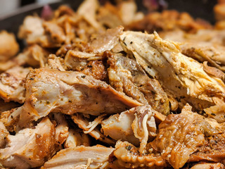 macro focus on shredded up cooked turkey meat
