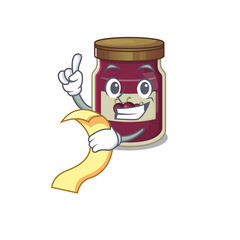A funny cartoon character of plum jam holding a menu