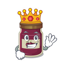 A cartoon mascot design of plum jam performed as a King on the stage