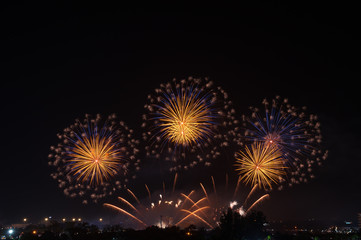 Abstract and brightly colorful firework in the celebration and anniversary festival.Merry Christmas and New year party light over night sky.