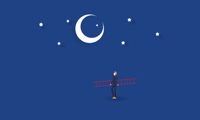 Paper art of businessman with ladder looking to the moon, Concept inspiration business