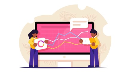 Data analysis concept. Office situations. Big Data. People build a dashboard and interact with graphs. Man and woman analyze information. Laptop in hand. Flat vector illustration.