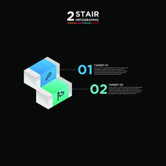 2 stair step timeline infographic element. Business concept with two options and number, steps or processes. data visualization. Vector illustration. isolated black and white background