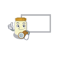 Thumbs up of coconut butter cartoon design having a board