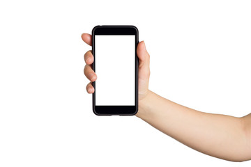 Woman Hand holds smartphone with white screen. Isolated