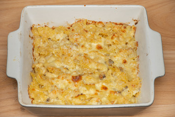 Rigatoni pasta with bolognese sauce and mozzarella baked in the oven 