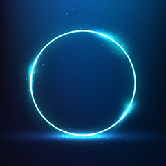 Blue circular neon glowing effect banner with glitters, Neon banner vector.