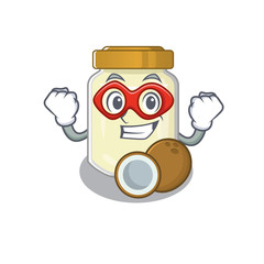 A cartoon concept of coconut butter performed as a Super hero