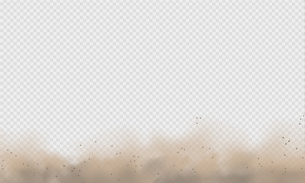 Dust cloud, sand storm, powder spray on transparent background. Desert wind with cloud of dust and sand. Realistic vector illustration.