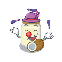 a lively coconut butter cartoon character design playing Juggling