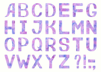 Latin alphabet with purple watercolor  letters. Hand-painted illustration. English alphabet. Isolated on white background. Pink-purple textured watercolor font. Winter, galaxy, holiday, birthday font.