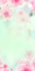 vertical Japanese Spring Sakura cherry blossoms 120x240 size website small skyscraper banner background. 3D Illustration Clip-Art floral spring petal design header. copy space in green, white, blue