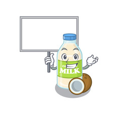 A cute picture of coconut milk mascot design with a board