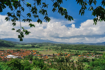 Fototapeta na wymiar Traditional Balinese village in the valley of the mountains. Orange roofs of houses, coconut palms and rice fields against the background of mountains and clouds.