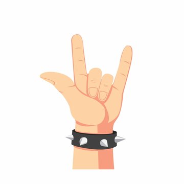 heavy metal hand symbol, human hand with spike bracelet in cartoon flat illustration isolated in white background