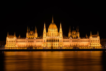 Night view of Hungarian Parliament Building on the banks of the Danube, Budapest, Hungary