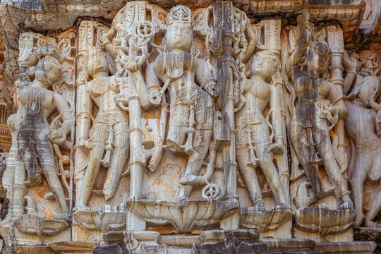 Ancient Stone Sculptures On Temple Wall At Chittorgarh Fort Rajasthan India