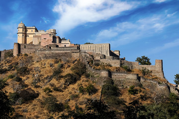 Historic Kumbhalgarh Fort on top of a mountain at Rajasthan India. Kumbhalgarh is a Mewar fortress...