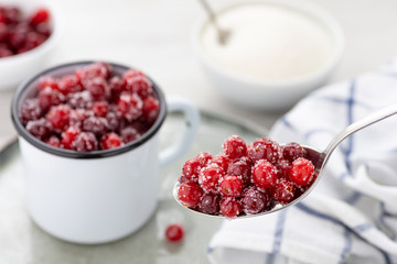 Fresh ripe cranberries with sugar in a spoon. Organic food containing vitamin C. Selective focus.