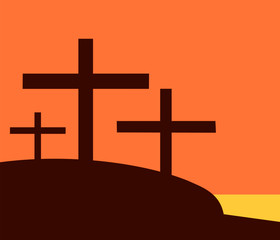 Three cross silhouette on mountain at sunset, Crucifixion Of Jesus Christ with orange color sky in background