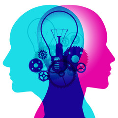 The mind machine of thinking - A male and female side silhouette positioned back to back, overlaid with various semi-transparent light bulbs and gears shapes.