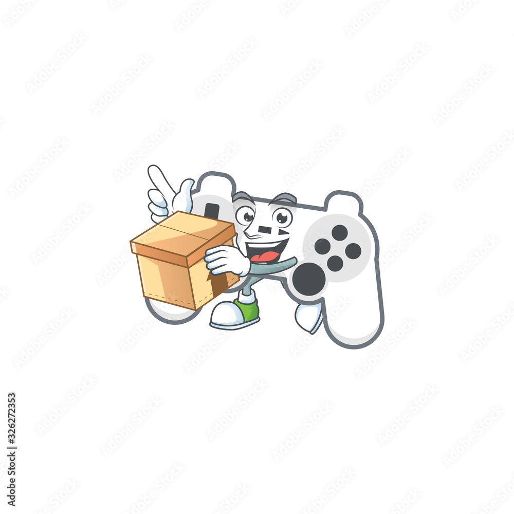 Sticker A charming white joystick mascot design style having a box