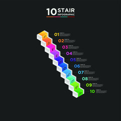 10 stair step timeline infographic element. Business concept with ten options and number, steps or processes. data visualization. Vector illustration. isolated black background