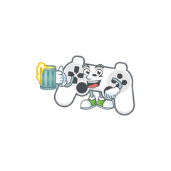 Smiley white joystick mascot design holding a glass of beer