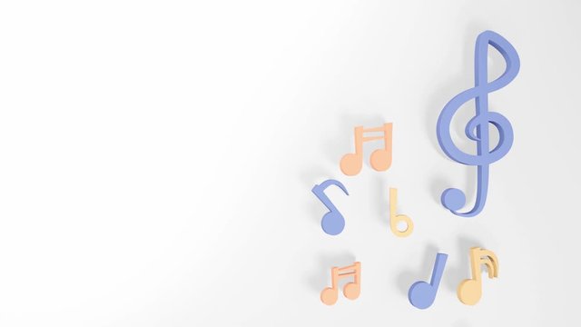 Music notes 3D rendering on white background. Dancing colourful music notes. Closeup and copy space.  Decoration your artwork about musician.