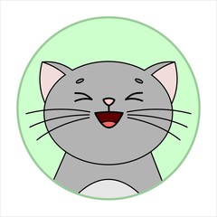 Cute Joyful, Happy Cat, Round Icon, Emoji. Gray Cat With Whiskers Smiles While Squinting. Vector Image Isolated On A White Background.