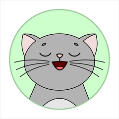 Cute Joyful Cat, Round Icon, Emoji. Gray Cat With Whiskers Smiles, Eyes Closed. Vector Image Isolated On A White Background.