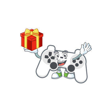 cartoon character of white joystick with a box of gift