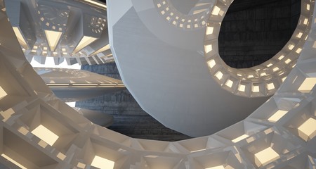 Abstract architectural concrete interior with white discs. Neon lighting. 3D illustration and rendering.