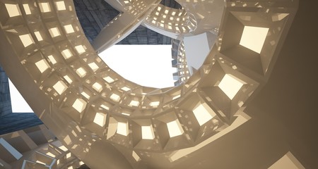 Abstract architectural concrete interior with white discs. Neon lighting. 3D illustration and rendering.
