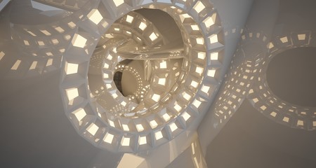 Abstract architectural concrete interior with white discs. Neon lighting. 3D illustration and rendering.