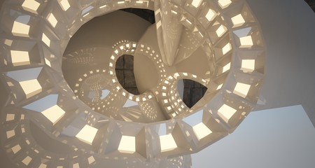 Abstract architectural concrete interior with white discs. Neon lighting. 3D illustration and rendering.