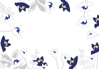 blue and white flower  arrange around frame on white background with space in center