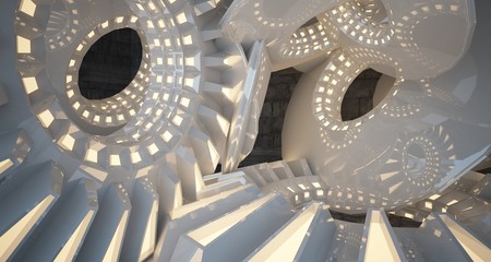 Abstract architectural concrete interior with white discs. Neon lighting. 3D illustration and rendering.