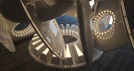 Abstract architectural concrete interior with white discs. Neon lighting. 3D illustration and rendering.