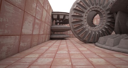 Abstract architectural rusted metal interior with concrete discs . 3D illustration and rendering.