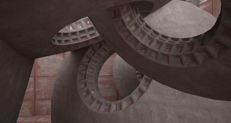 Abstract architectural rusted metal interior with concrete discs . 3D illustration and rendering.