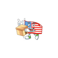 A charming USA flag with pole mascot design style having a box